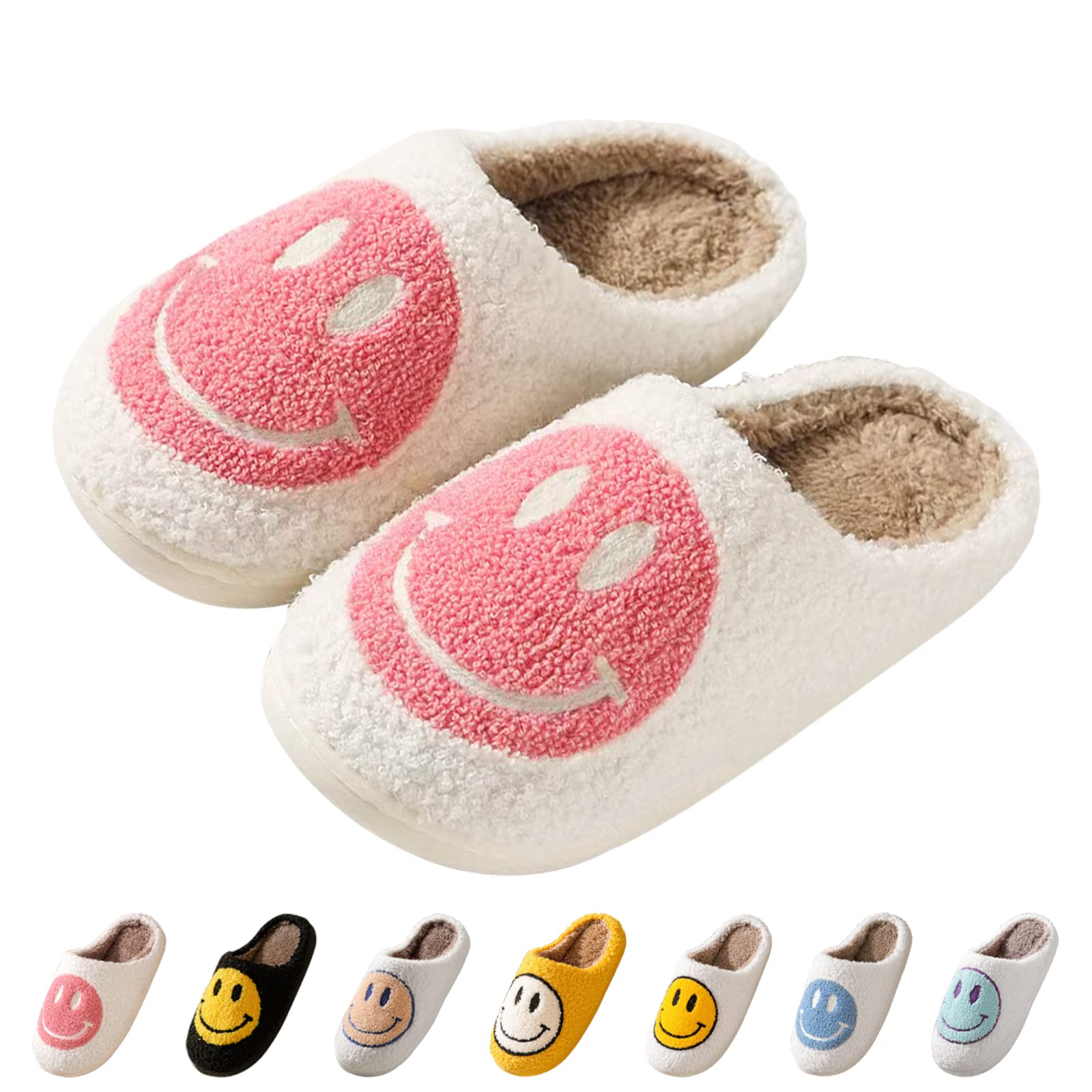 Beishani Smiley Face Slippers for Women Retro Soft Plush Warm Slip-on Slippers, Happy face slippers Cozy Indoor Outdoor Slippers