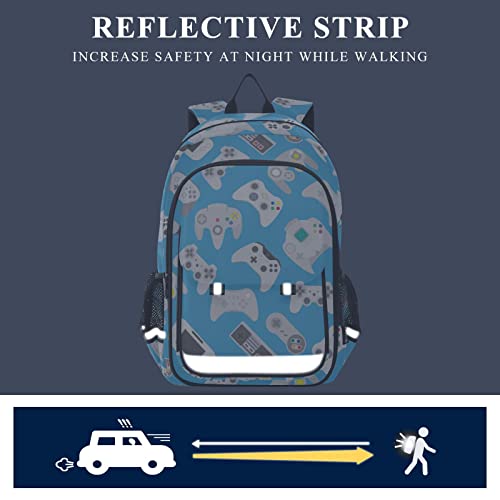 Glaphy Video Game Controller Pattern Blue Backpack School Bag Lightweight Laptop Backpack Student Travel Daypack with Reflective Stripes