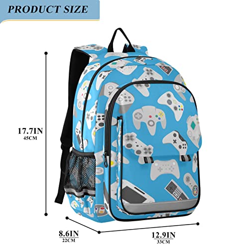 Glaphy Video Game Controller Pattern Blue Backpack School Bag Lightweight Laptop Backpack Student Travel Daypack with Reflective Stripes