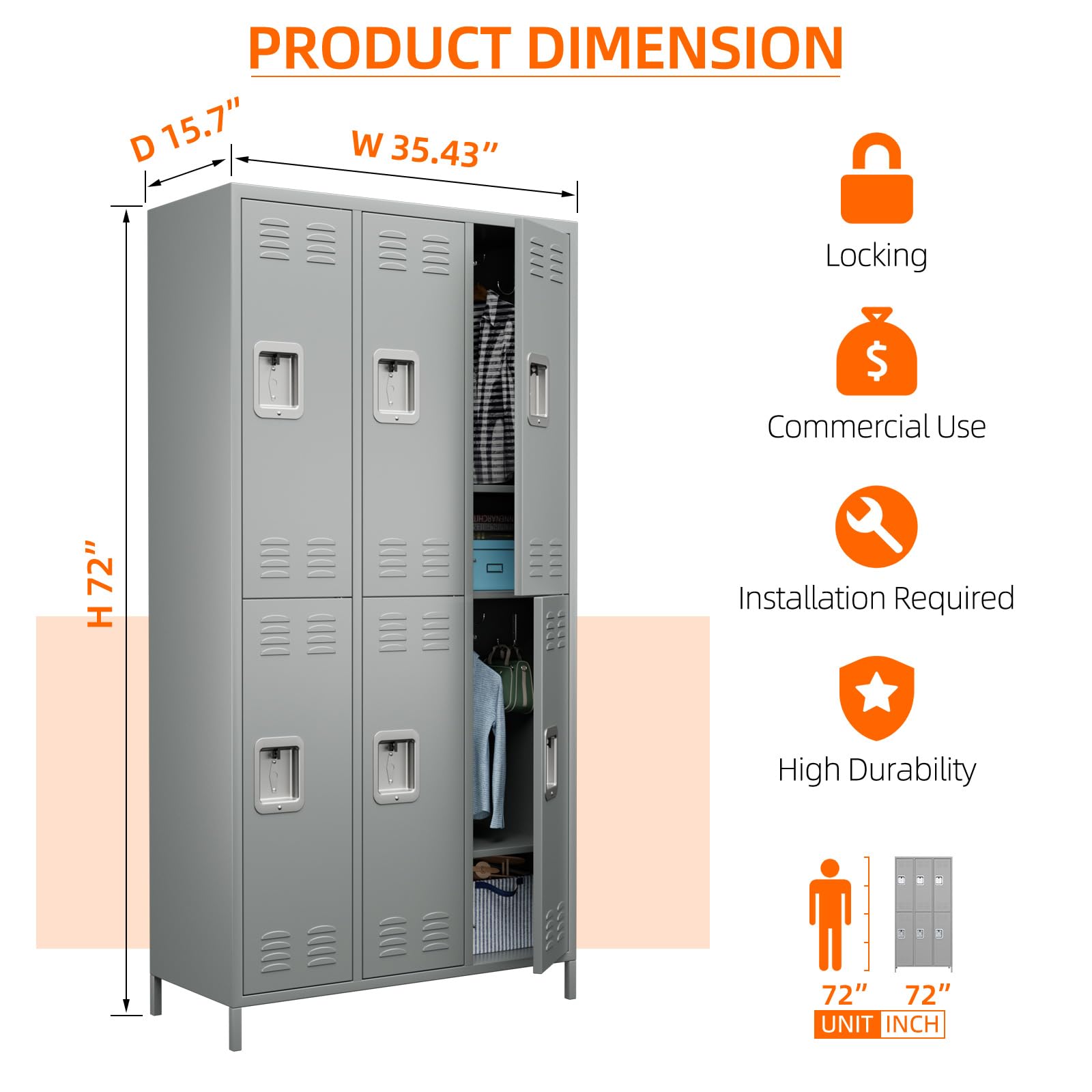 METAN Metal Locker for School Office Gym Bedroom,6 Doors Steel Storage Locker Cabinet for Employees,Industrial Storage Locker with 1 Shelves,Assembly Required (6 Door-Light Gray)…