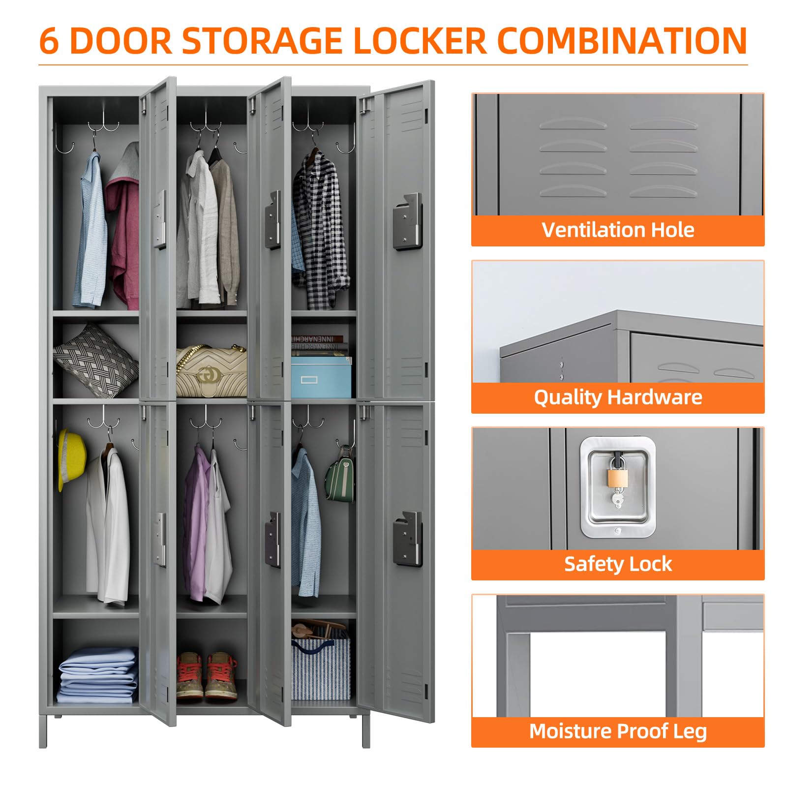 METAN Metal Locker for School Office Gym Bedroom,6 Doors Steel Storage Locker Cabinet for Employees,Industrial Storage Locker with 1 Shelves,Assembly Required (6 Door-Light Gray)…