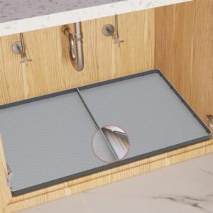 sdpeia under sink mat, upgrade 2 pcs set interlocking kitchen bathroom cabinet mats waterproof silicone undersink tray up to 3.8 gallons 34 inx 22 in splicable mat (grey)