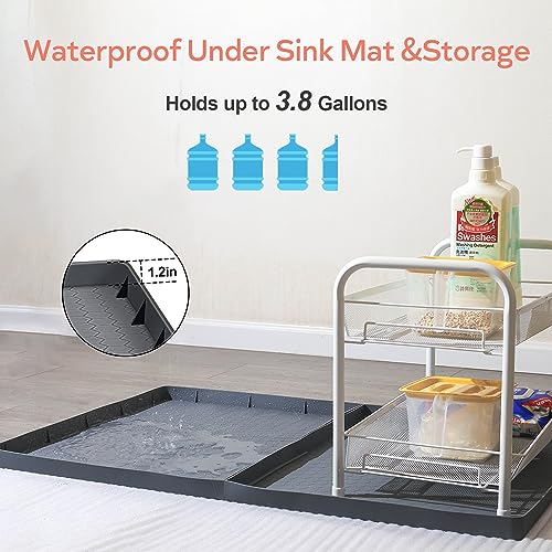 Sdpeia Under Sink Mat, Upgrade 2 PCS Set Interlocking Kitchen Bathroom Cabinet Mats Waterproof Silicone Undersink Tray Up to 3.8 Gallons 34 inx 22 in Splicable Mat (Grey)