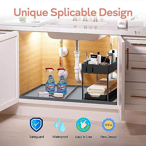 Sdpeia Under Sink Mat, Upgrade 2 PCS Set Interlocking Kitchen Bathroom Cabinet Mats Waterproof Silicone Undersink Tray Up to 3.8 Gallons 34 inx 22 in Splicable Mat (Grey)