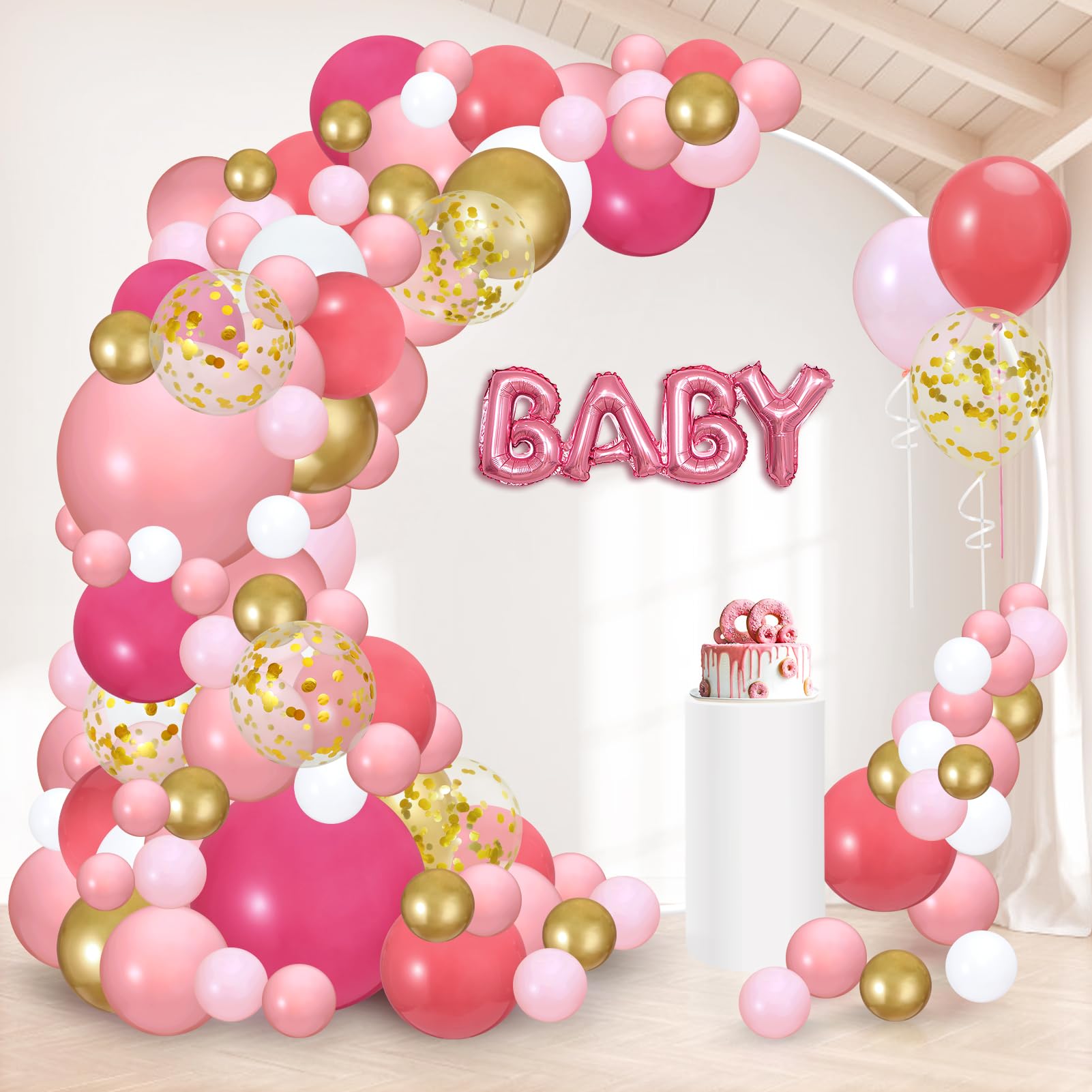 KaKaPops 169pcs Pink Balloon Garland Arch Kit, Gold White and Pink Balloons with Different Size Hot Pink Light Pink Balloons for Birthday Party Girl Baby Shower Decorations