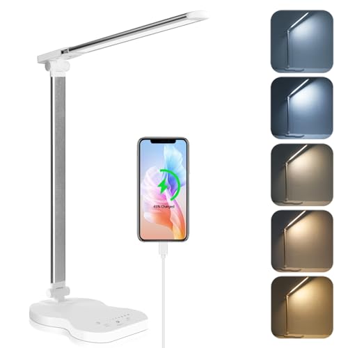 rigors Led Desk Lamp with USB Charging Port, 5 Lighting Colors & 10 Brightness Reading Lamp, Foldable Dimmable LED Desk Light, 3000-6500K, Violin Shape Lamp Desk Lamps for Home Office-White