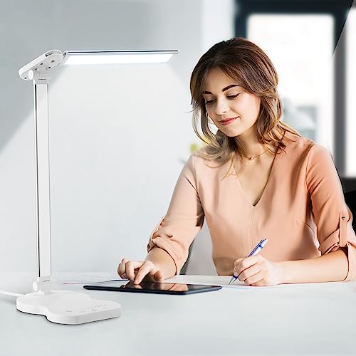 rigors Led Desk Lamp with USB Charging Port, 5 Lighting Colors & 10 Brightness Reading Lamp, Foldable Dimmable LED Desk Light, 3000-6500K, Violin Shape Lamp Desk Lamps for Home Office-White