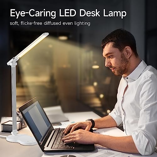 rigors Led Desk Lamp with USB Charging Port, 5 Lighting Colors & 10 Brightness Reading Lamp, Foldable Dimmable LED Desk Light, 3000-6500K, Violin Shape Lamp Desk Lamps for Home Office-White
