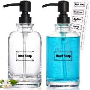 topzea 2 pack soap dispenser, 18 oz clear thick glass hand & dish liquid soap dispenser set refillable lotion bottles with 304 rust proof stainless steel pump & 12 stickers for bathroom, kitchen