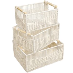 roshtia set of 3 wicker storage baskets for organizing cotton rope basket with wood handles white woven baskets for storage decorative hand woven basket organizers for makeup books shelves living room