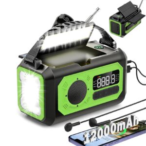 12000mah hand crank emergency radio, am/fm/noaa weather radio, emergency radio,multi-function solar powered radio,2 solar panels,usb type-c charging,torch & led reading lamp,sos alarm,compass(green)