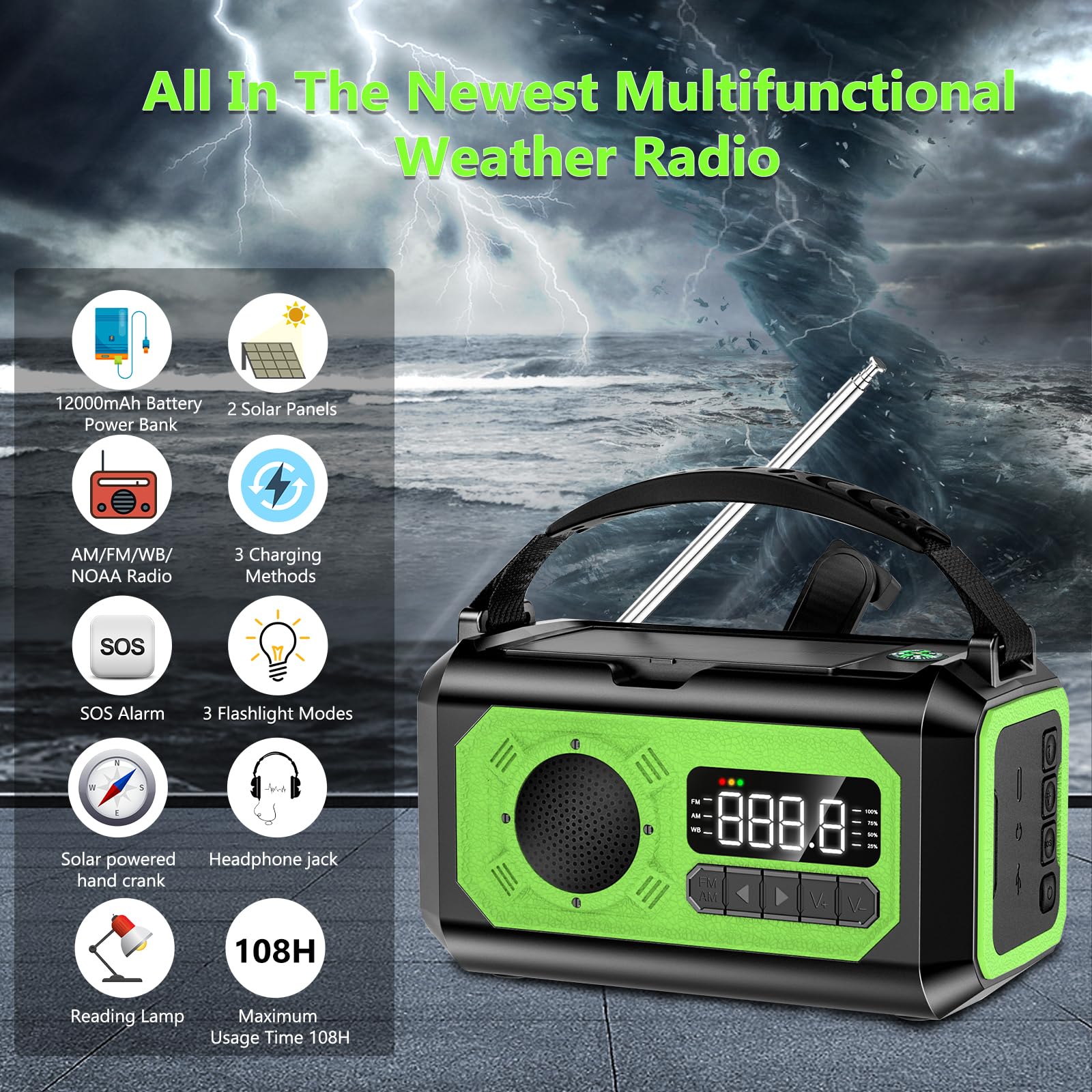 12000mAh Hand Crank Emergency Radio, AM/FM/NOAA Weather Radio, Emergency Radio,Multi-Function Solar Powered Radio,2 Solar Panels,USB Type-C Charging,Torch & LED Reading Lamp,SOS Alarm,Compass(Green)