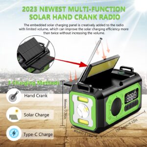 12000mAh Hand Crank Emergency Radio, AM/FM/NOAA Weather Radio, Emergency Radio,Multi-Function Solar Powered Radio,2 Solar Panels,USB Type-C Charging,Torch & LED Reading Lamp,SOS Alarm,Compass(Green)