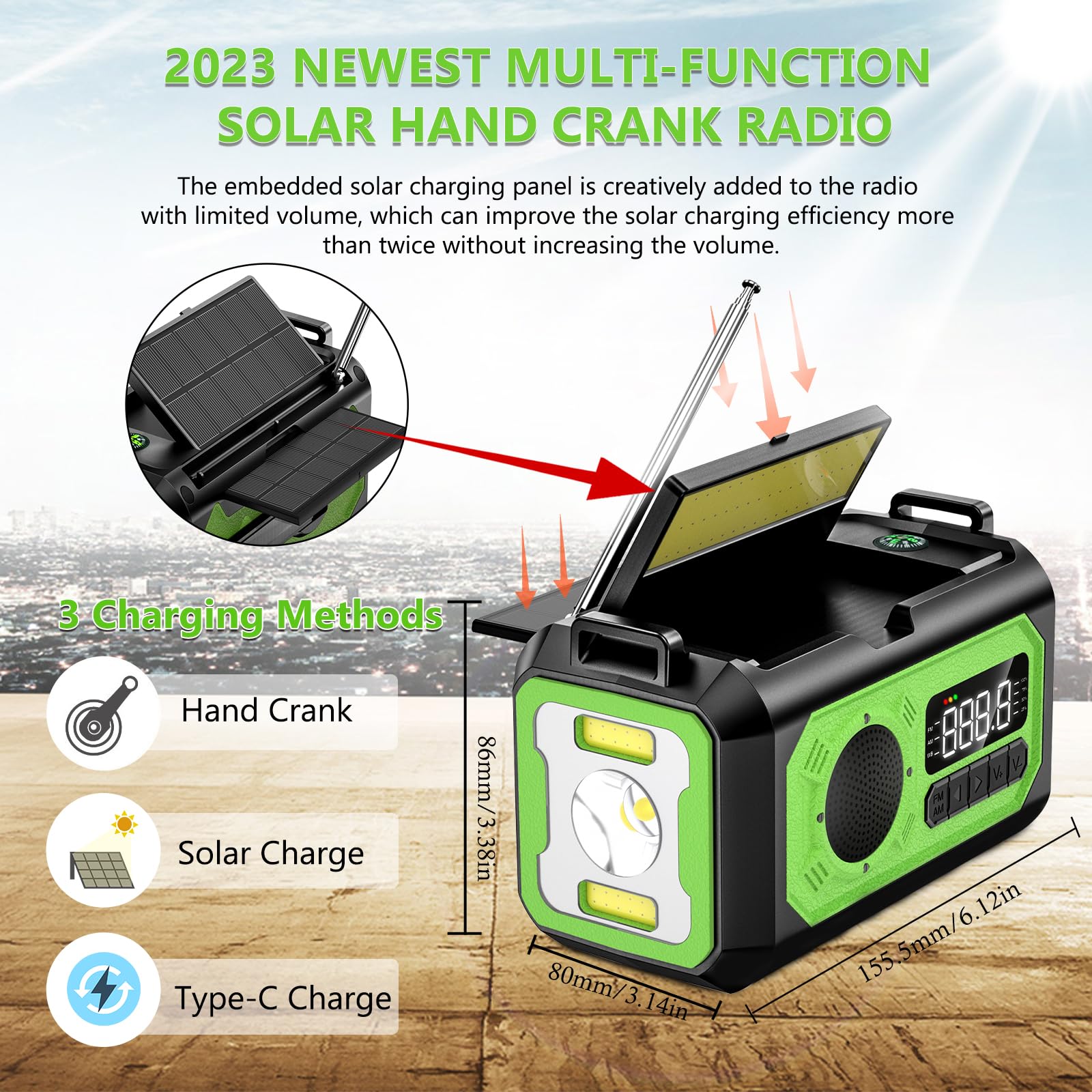 12000mAh Hand Crank Emergency Radio, AM/FM/NOAA Weather Radio, Emergency Radio,Multi-Function Solar Powered Radio,2 Solar Panels,USB Type-C Charging,Torch & LED Reading Lamp,SOS Alarm,Compass(Green)