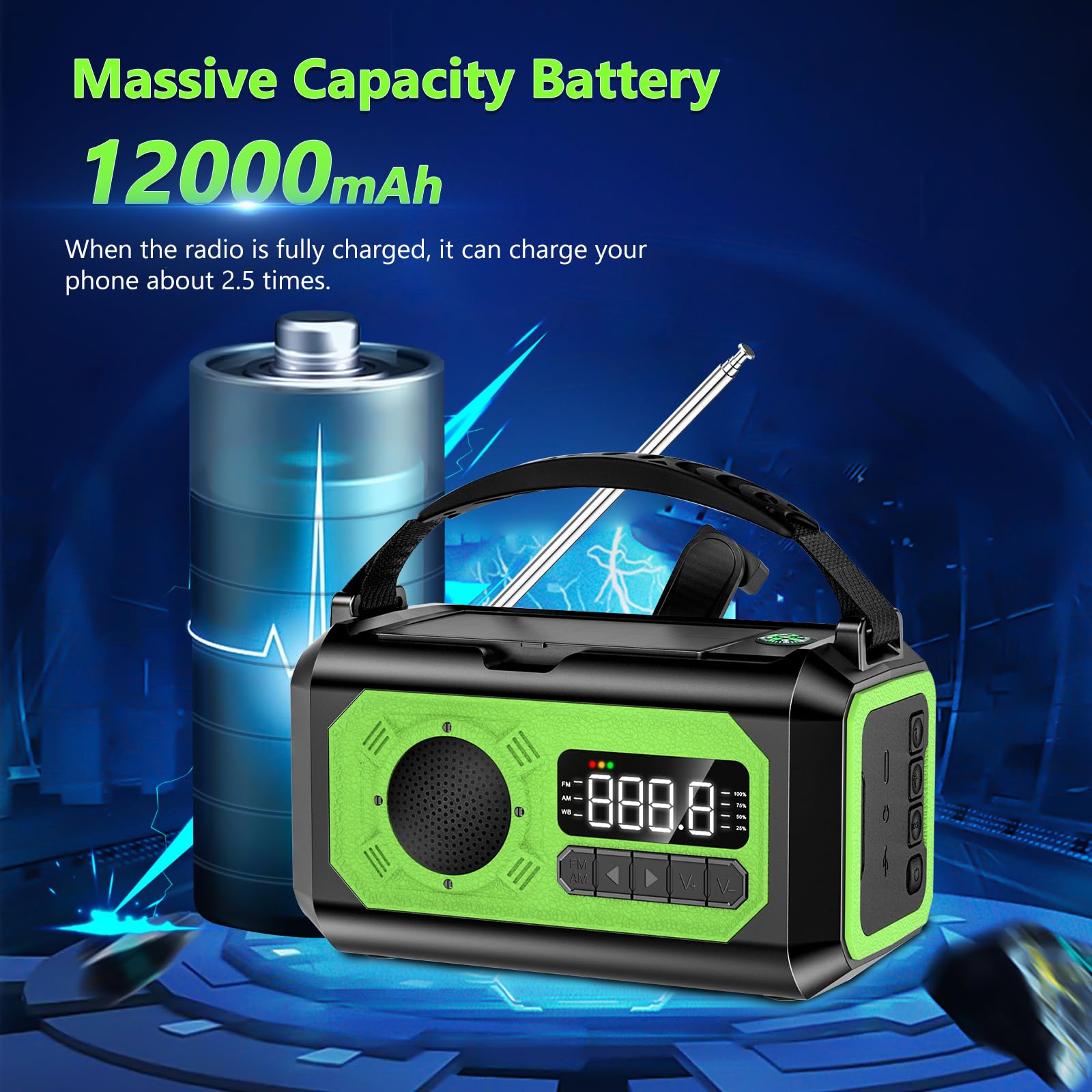 12000mAh Hand Crank Emergency Radio, AM/FM/NOAA Weather Radio, Emergency Radio,Multi-Function Solar Powered Radio,2 Solar Panels,USB Type-C Charging,Torch & LED Reading Lamp,SOS Alarm,Compass(Green)