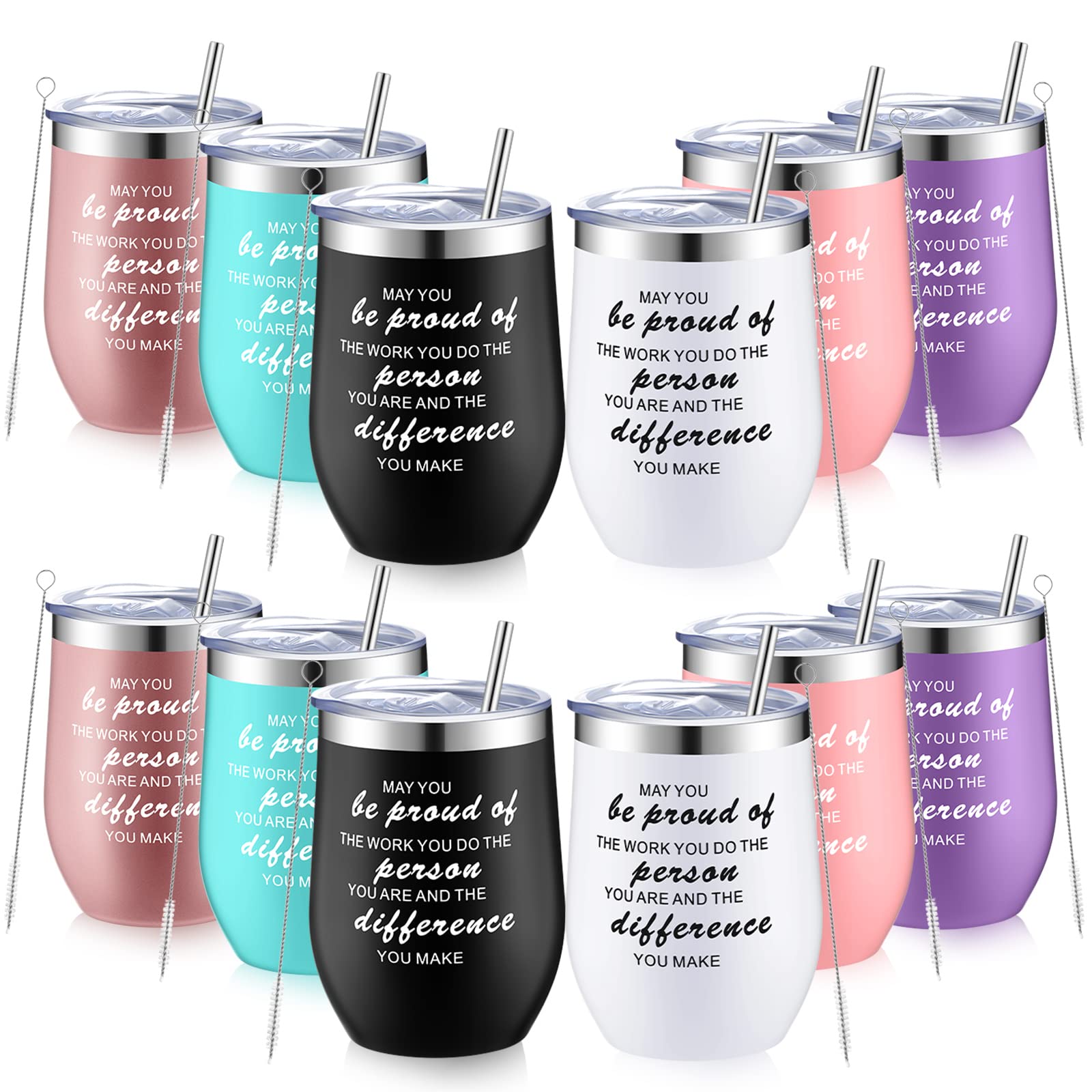 Mumufy 12 Pcs Thank You Gifts Employee Appreciation Gifts Wine Tumbler Team Gifts for Coworker Women Men 12 oz Wine Tumbler Insulated Stainless Steel Tumbler with Lid and Straw (6 Colors)