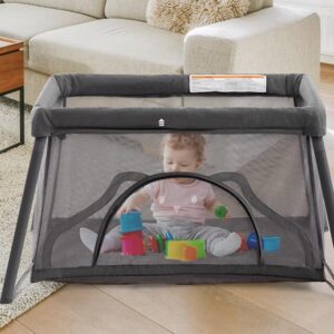 Travel Crib,3 in 1 Portable Crib for Baby, Lightweight Pack and Play for Babies and Toddler, Foldable Travel Baby Playpen with Comfortable Mattress and Carry Bag(Dark Grey)