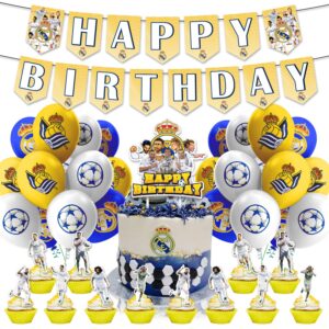 Real Madrid CF Birthday Party Decorations Cristiano Ronaldo Soccer Theme Party Supplies Karim Benzema Bale Party Favors includes Happy Birthday Banner Cake Topper Cupcake Toppers Balloons