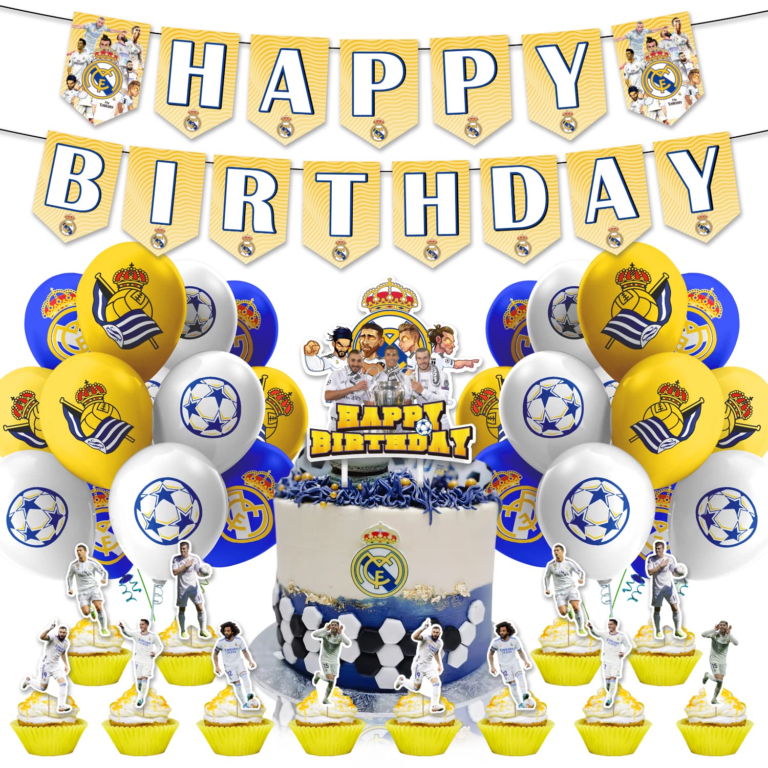 Real Madrid CF Birthday Party Decorations Cristiano Ronaldo Soccer Theme Party Supplies Karim Benzema Bale Party Favors includes Happy Birthday Banner Cake Topper Cupcake Toppers Balloons