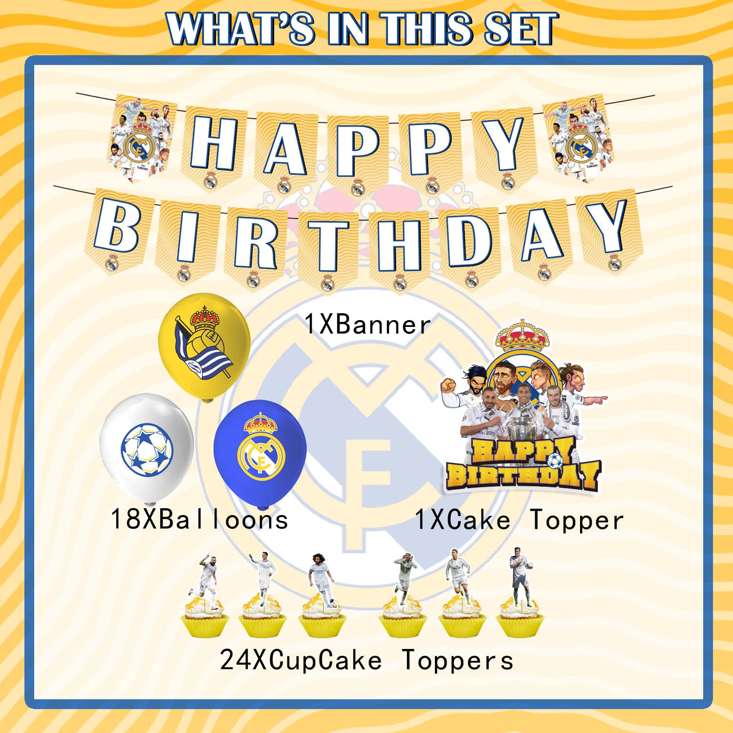 Real Madrid CF Birthday Party Decorations Cristiano Ronaldo Soccer Theme Party Supplies Karim Benzema Bale Party Favors includes Happy Birthday Banner Cake Topper Cupcake Toppers Balloons