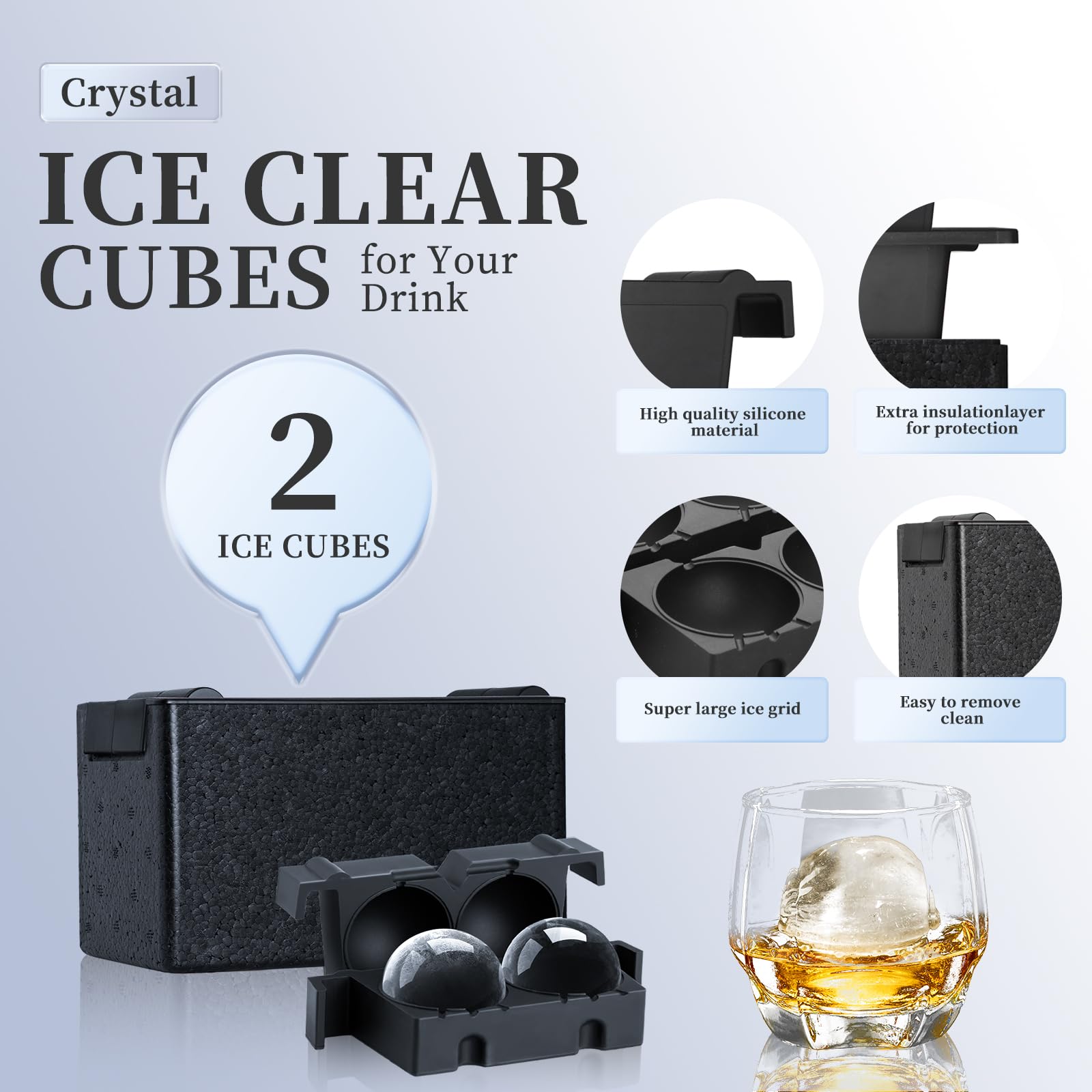 Antarctic Star Clear Ice Ball Maker Tray, 2 Large Whiskey Ice Maker Sphere with Storage Bag,2.5 Inch Crystal Ice Ball for Cocktail, Whiskey & Brandy