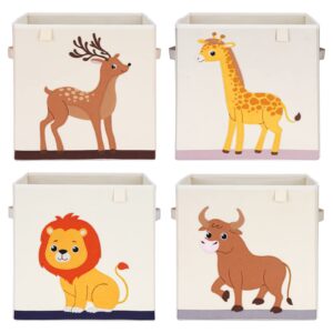 livememory 13 inch kids cube storage bins - foldable animal storage cube for children toddler nursery, 4 pack (giraffe, deer, bull, lion)