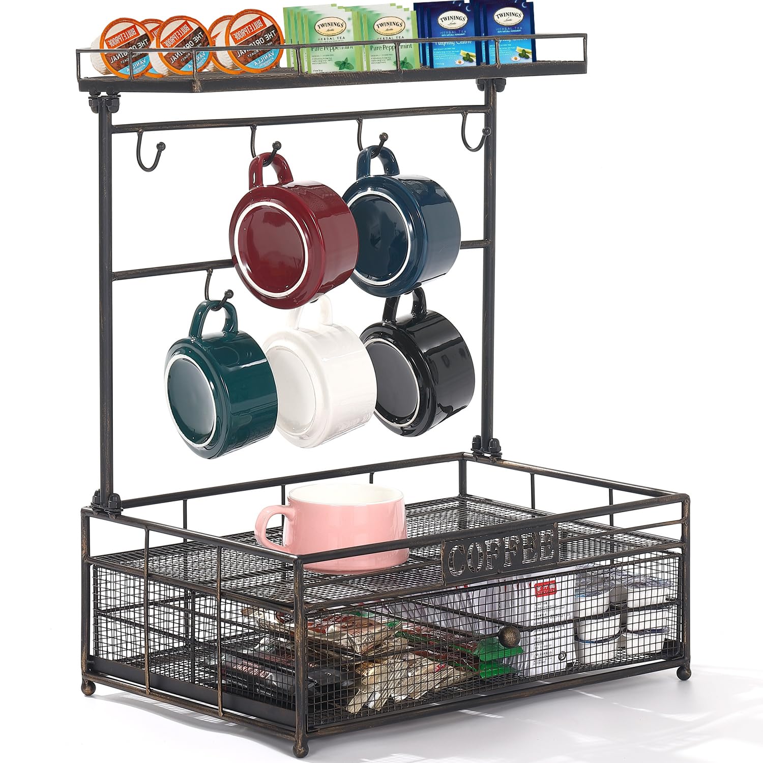 Aifeorzo Coffee Mug Holder, 2 Tier Industrial Countertop Mug Display Rack, 7 Mugs Coffee Cup Stand with Coffee Pod Drawer, Large Metal Cup Tree Holder Stand for Coffee Bar Kitchen, Black