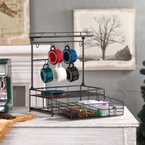 Aifeorzo Coffee Mug Holder, 2 Tier Industrial Countertop Mug Display Rack, 7 Mugs Coffee Cup Stand with Coffee Pod Drawer, Large Metal Cup Tree Holder Stand for Coffee Bar Kitchen, Black