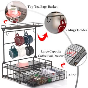 Aifeorzo Coffee Mug Holder, 2 Tier Industrial Countertop Mug Display Rack, 7 Mugs Coffee Cup Stand with Coffee Pod Drawer, Large Metal Cup Tree Holder Stand for Coffee Bar Kitchen, Black