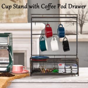 Aifeorzo Coffee Mug Holder, 2 Tier Industrial Countertop Mug Display Rack, 7 Mugs Coffee Cup Stand with Coffee Pod Drawer, Large Metal Cup Tree Holder Stand for Coffee Bar Kitchen, Black