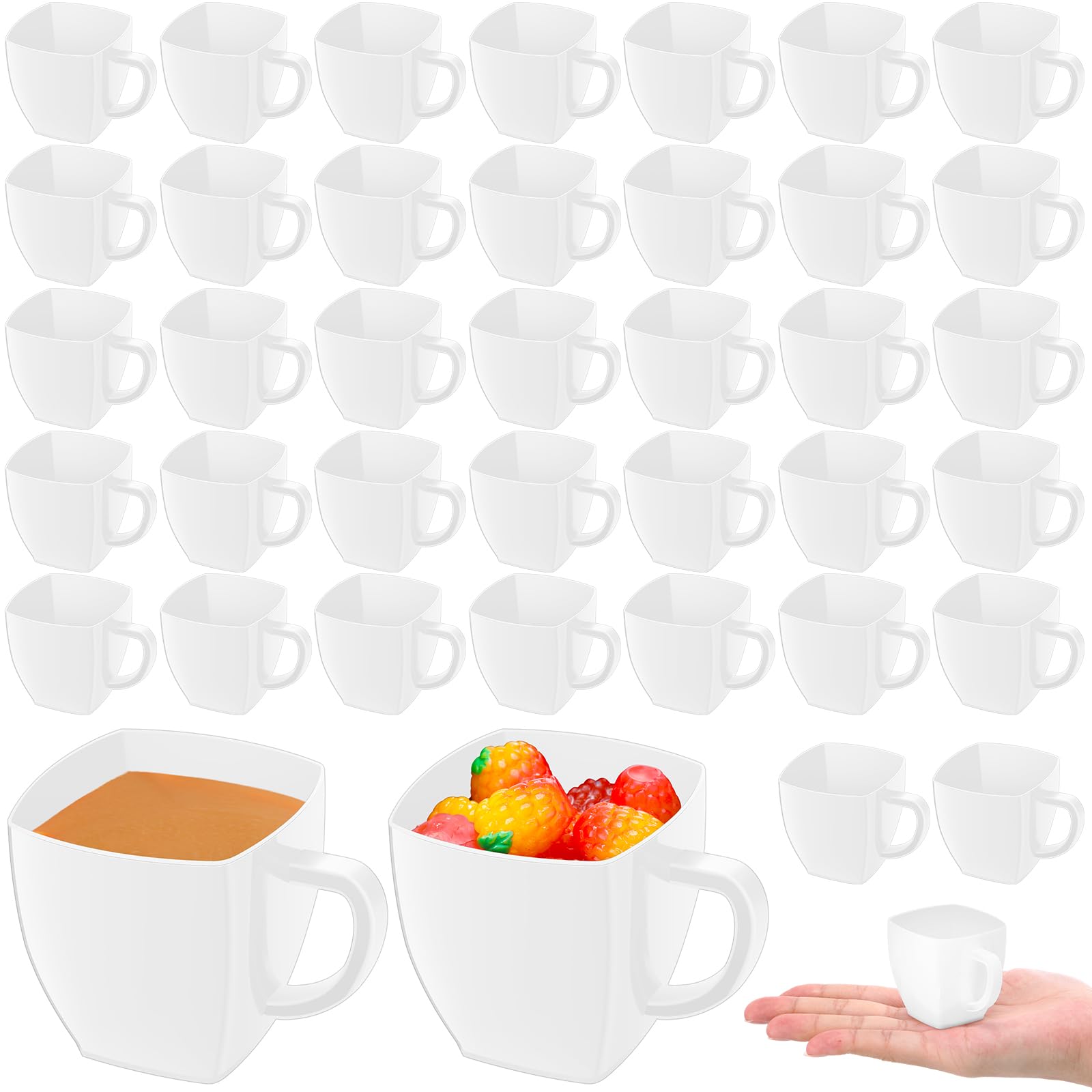 Amyhill 100 Pcs 2 oz Disposable Tea Cups Mini Plastic Tea Cup Bulk with Handle Hard Plastic Coffee Mug Disposable Square Espresso Mug for Tea Party Catering (White)