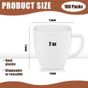 Amyhill 100 Pcs 2 oz Disposable Tea Cups Mini Plastic Tea Cup Bulk with Handle Hard Plastic Coffee Mug Disposable Square Espresso Mug for Tea Party Catering (White)