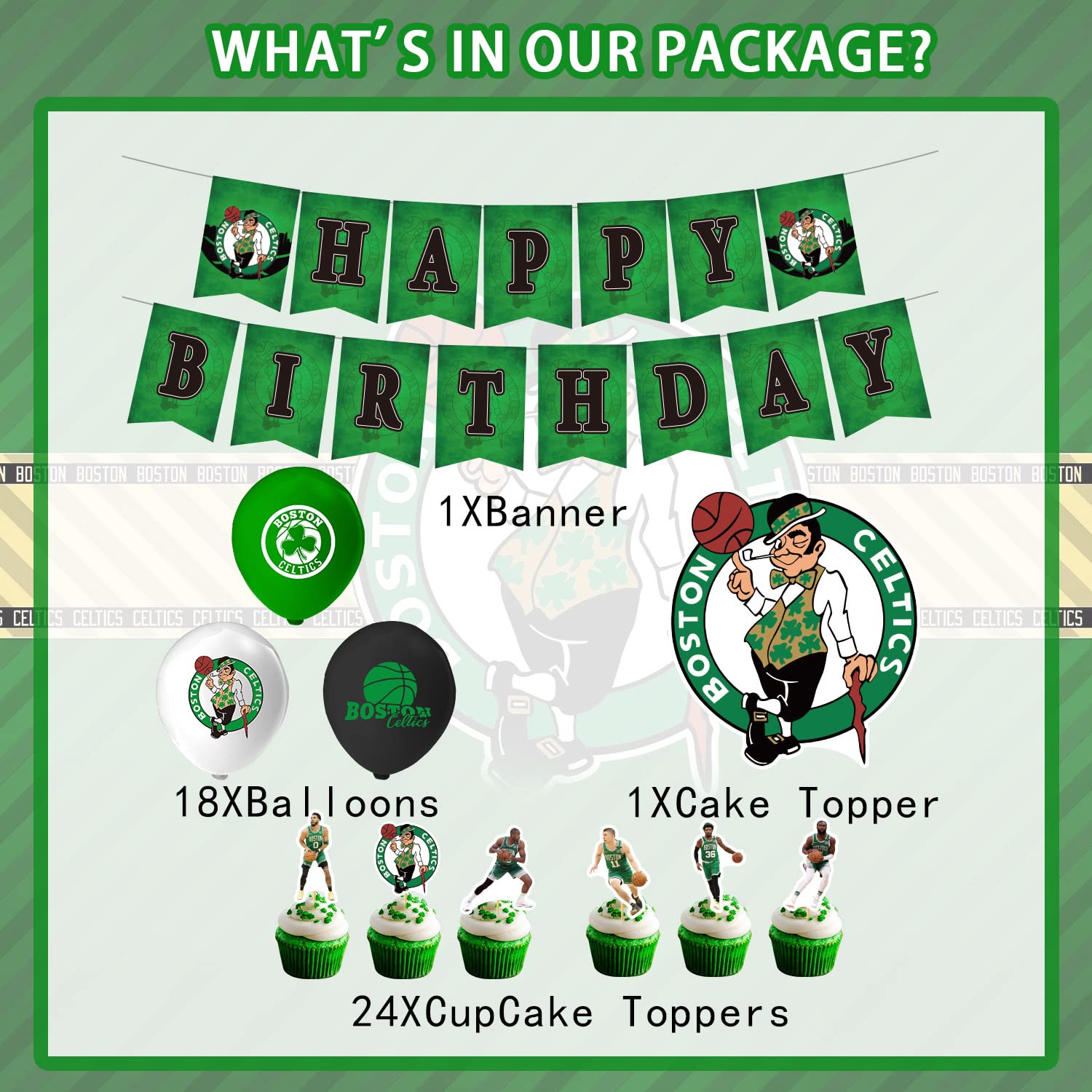 Boston Celtics Basketball Birthday Party Decorations Basketball Sports Birthday Party Favors Jayson Tatum Party Supplies includes Banner Balloons Cupcakes Cake Topper for Boys