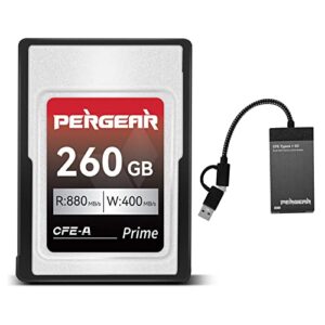 pergear professional 260gb cfexpress type a memory card, with card reader, up to 880mb/s read speed & 900mb/s write speed for 4k 120p,8k 30p recording video/photo for sony alpha sony fx cameras