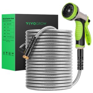 vivogrow metal garden hose 50ft, stainless steel water hose with brass fittings & 10-function nozzle, tangle free & crush proof, flexible bionic hose for garden watering, pet bathing, car washing