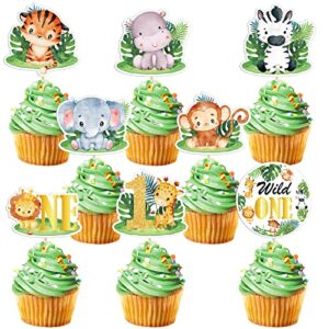 weecent 48 pcs wild one cupcake toppers baby 1st birthday decorations jungle safari theme cake toppers for baby boy girls safari animal party supplies