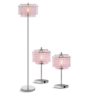luvkczc tables lamp and floor lamp set, crystal table lamp with usb ports+crystal floor lamps set of 2, morden lamps for living room, bedroom, office, pink