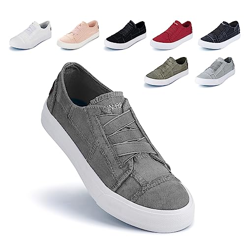 JENN ARDOR Women's Stylish Slip On Sneakers No Laces Elastic Low Top Canvas Sneakers Trendy Flats Comfortable Casual Walking Shoes Grey