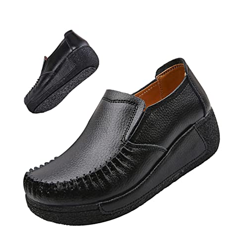 SoraBra Women's Slip on Platform Wedge Sneakers,Casual Cozy Cutout Leather Flat Loafers Wide Orthopaedic Walking Shoes (10,Black)