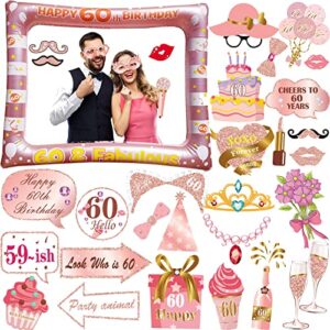 60th brithday decoration, 30pcs 60th birthday photo booth props, lmshowowo inflatable photo booth frame, rose gold inflatable selfie frame, glitter birthday party photo props, for women birthday gifts