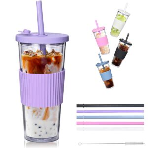aidrink 24 oz plastic tumbler with lid and wide straw reusable boba cup iced coffee iced tea smoothie to go cup clear insulated double wall tumbler leak-proof travel mug for adults (purple)