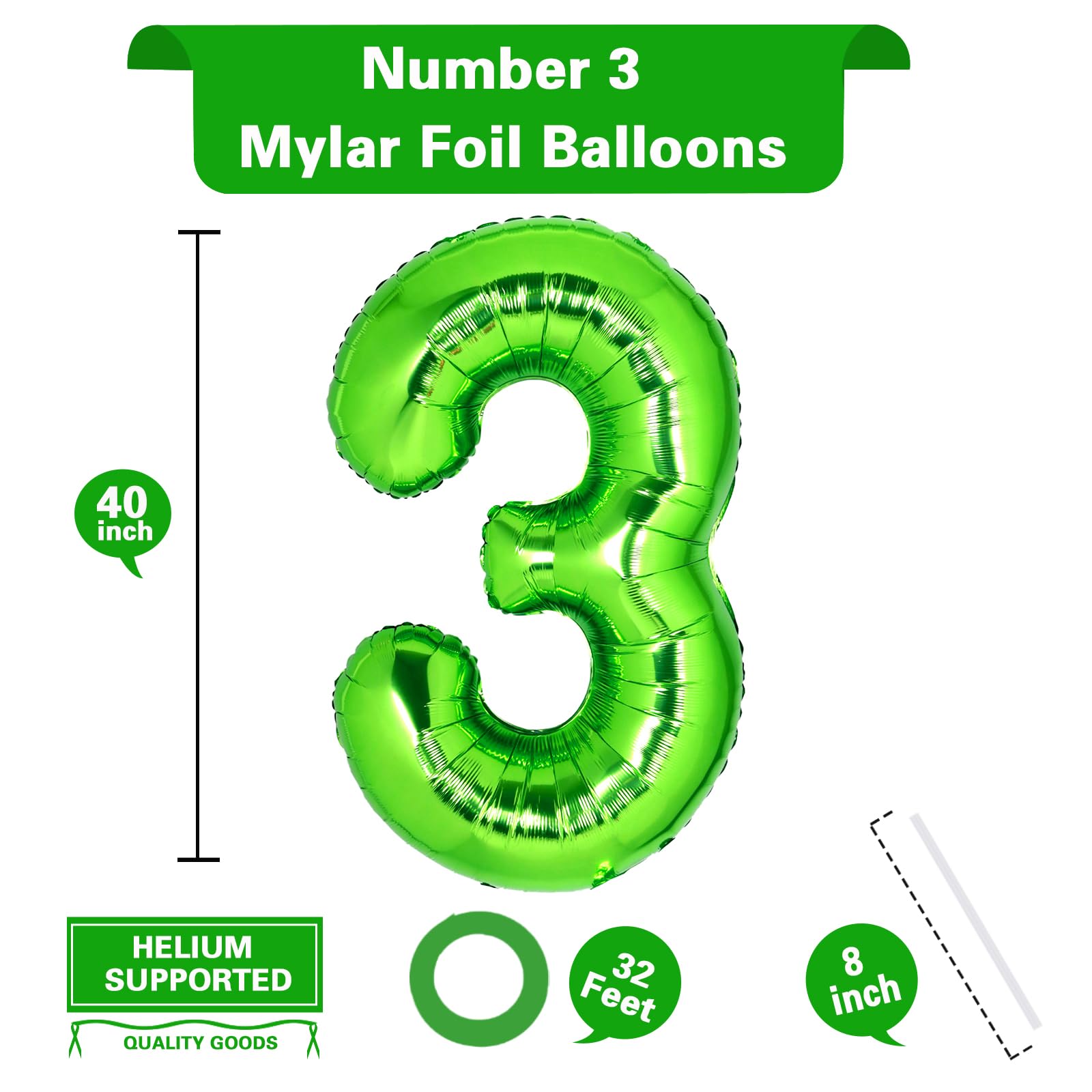 40 Inch Giant Light Green Number 3 Balloon, Helium Mylar Foil Number Balloons for Birthday Party, 3rd Birthday Decorations for Kids, Anniversary Party Decorations Supplies (Light Green Number 3)