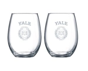 r.f.s.j. yale university etched satin logo wine or beverage glass set of 2, clear, 15 oz, (1268)