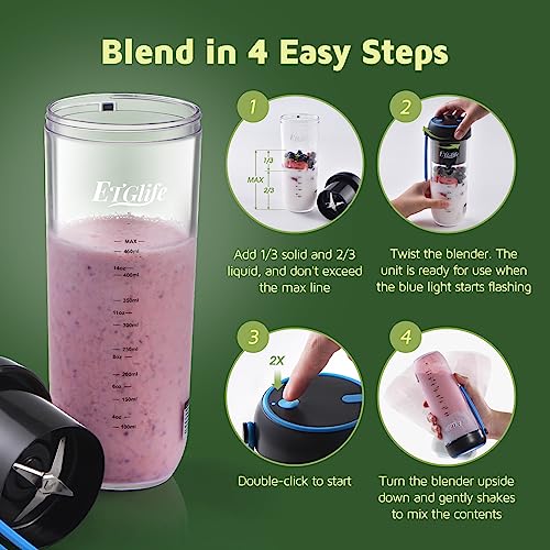 Travel Blender, ETGlife Portable Blender for Shakes and Smoothies 126W, 2H Fast Charge for 15 Times Uses, Self-Cleaning, with Cleaning Brush, Small Blender for Travel, Office, GYM, School