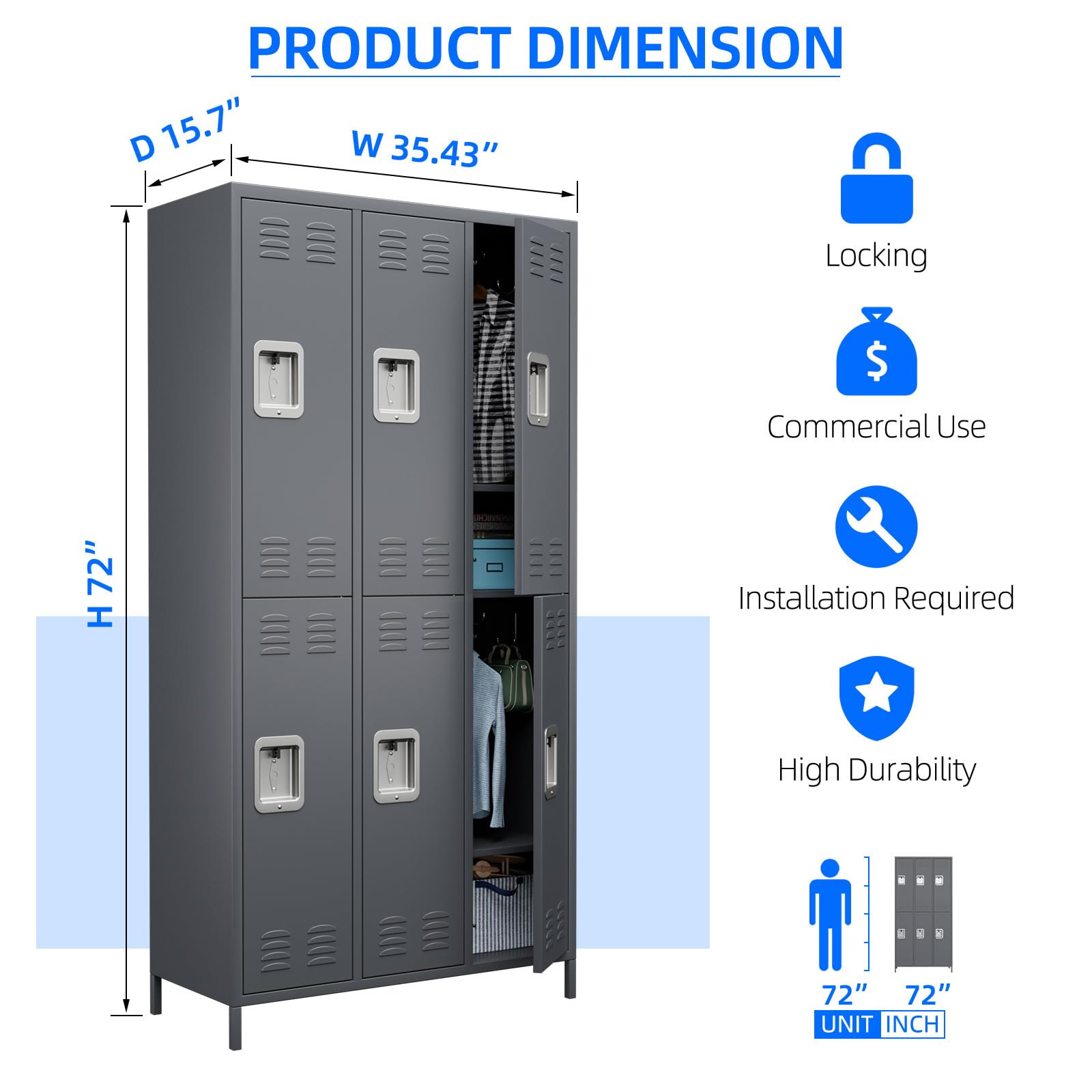 SUPEER Metal Lockers for Employees with Lock,Locker Storage Cabinet with 12 Hooks&6 Doors,Steel Locker Cabinet for Employees Dormitory School Office Gym Home,Assembly Required(Dark Grey)