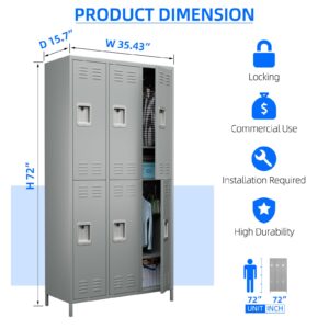 SUPEER Metal Lockers for Employees with Lock,Locker Storage Cabinet with 12 Hooks&6 Doors,Steel Locker Cabinet for Employees Dormitory School Office Gym Home,Assembly Required(Light Grey)