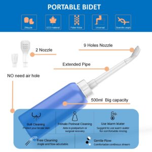 2PCS Blue+Pink Portable Bidet for Women Kids with 2 Nozzle + Scalable Tube - 500ml Travel Bidet - Peri Bottle 17oz Handheld Personal Bidet - for Outdoor,Camping,Travling,Driver,Personal Hygiene