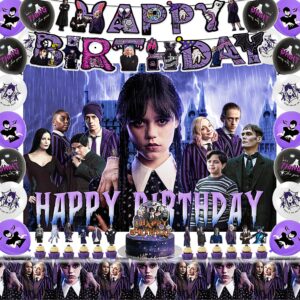 wednesday addams birthday supplies -wednesday birthday party decorations include happy birthday banner, tableware set, tablecloth, backdrop, cake toppers, cupcake toppers, latex balloons