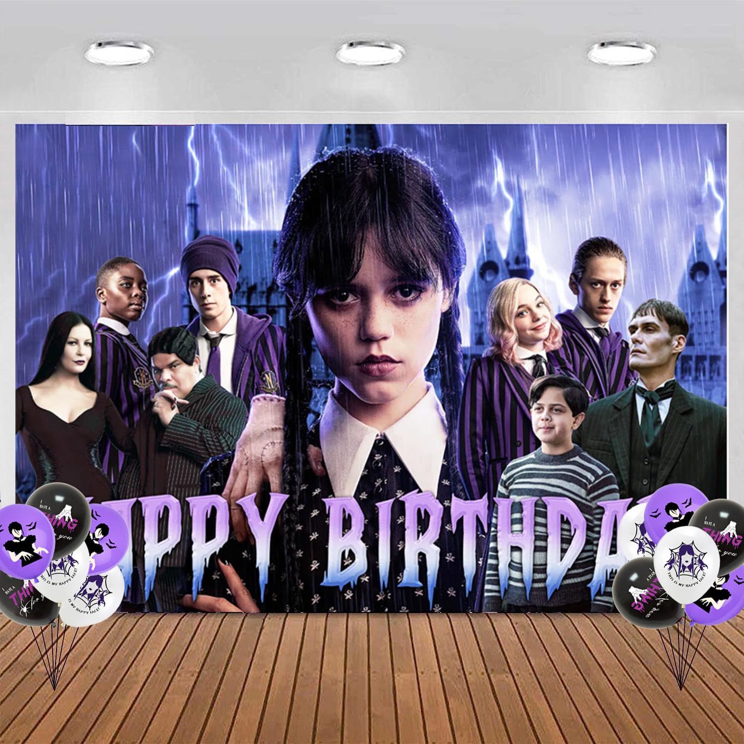 Wednesday Addams Birthday Supplies -Wednesday Birthday Party Decorations include Happy Birthday Banner, Tableware Set, Tablecloth, Backdrop, Cake Toppers, Cupcake Toppers, Latex Balloons