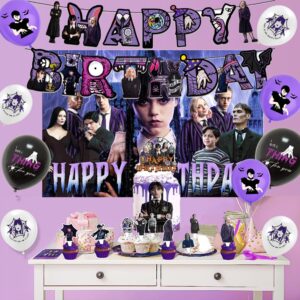 Wednesday Addams Birthday Supplies -Wednesday Birthday Party Decorations include Happy Birthday Banner, Tableware Set, Tablecloth, Backdrop, Cake Toppers, Cupcake Toppers, Latex Balloons